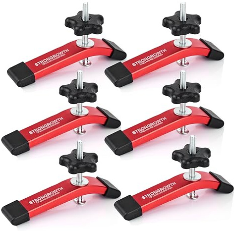 STRONGROWTH T Track Hold Down Clamps for Woodworking - Red Color-6PK | Double Cut Profile Universal T-Track Clamps, 6-3/8 L x 1-1/4 W - Woodworking and t slot clamp, Fine Sandblast Anodized