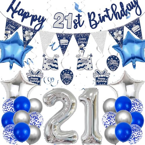 21 Geburtstag Deko Blau Silber - 21. Geburtstag Dekoration für Junge und Mädchen, Happy Birthday Girlande, Wimpelkette, Hängende Wirbel, Luftballons zum 21. Geburtstag