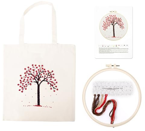 Stickset Tasche Sticken Set Erwachsene, Stickerei Set Anfänger mit Baum-Muster DIY Handgemachte Kreuzstich Segeltuchtasche Sticktasche Embroidery Kit mit Stickrahmen, Farbfäden und Werkzeug