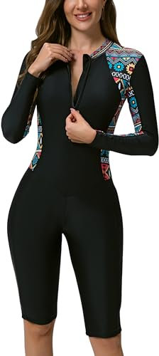 FEOYA Women Long Sleeve Rash Guard Floral One Piece Swimsuit Boyleg Short Wetsuit Athletic Surf Swimwear B-Black L