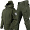 KEAAN Herren-Angleranzug, Winter, Haifischhaut, Softshell-Fleece, dick, Bergsteigen, Camping, Kleidung, Taktiktraining, wasserdicht, Set - Armeegrün | L