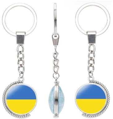 vmcoatdu Schlüsselanhänger mit Nationalflagge, doppelseitig, drehbar, Geschenk für Männer und Frauen, Edelstahl, Glas, Ukraine, Einheitsgröße