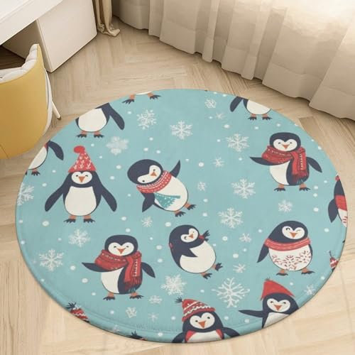 Runder Teppich für Wohnzimmer, waschbar, Boho-Teppich für Esszimmertisch, rutschfeste Bodenmatte, Winter, Weihnachten, Pinguine, Teppich für Schlafzimmer, Büro, Badezimmermatte, 60 x 60 cm