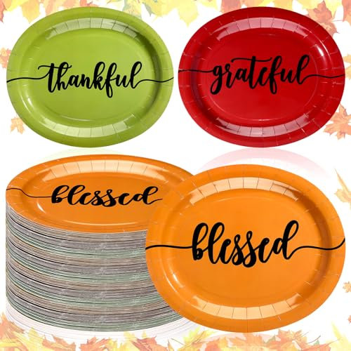 RimCereal 48 Pcs Thanksgiving Oval Plates 12 Inch Fall Paper Plates Fall Leaves Paper Plates Autumn Disposable Plates Blessed Thankful Grateful Party Dinner Plates for Thanksgiving Party Supplies