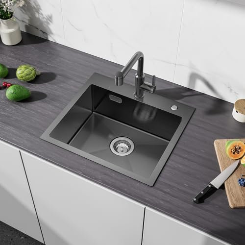 CECIPA 50x45cm Fregadero Negro Gris 1 Seno sobre Encimera, Fregadero Cocina Negro Acero Inoxidable para Mueble de 50cm o Más, Fregadero Inox Antracita con Sifón y Rebosadero