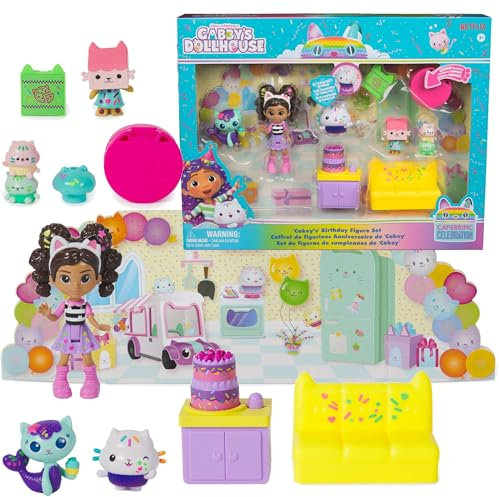 Gabby Casa delle bambole, Set di figurine di compleanno Cakey con Gabby Girl, 4 statuette, giocattoli a sorpresa e accessori per la casa delle bambole, giocattoli per bambini per ragazze e ragazzi 3+