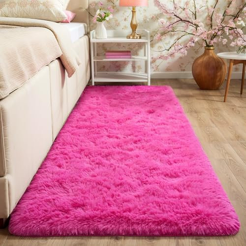 GREFFY Soft Runner Rugs for Bedroom, 2x6 Ft Hallways Modern Plush Hot Pink Shag Carpet, Non Slip Dorm Bedside Shaggy Rug for Living Room, Indoor Long Nursery Kids Girls Room Aesthetic Home Decor