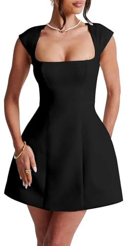 LuFeng Women's Square Neck Cap Sleeve Fully Lined Mini Dress Zipper A Line Party Club Dresses, Black, XL