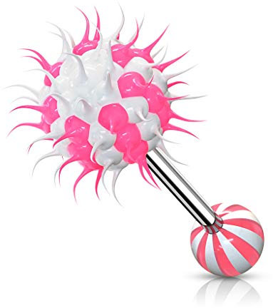 Piercing langue silicone plastique virus boule rose et blanc barre acier chirurgical 316L.