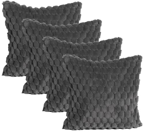 OHS Cushion Covers Waffle Faux Fur, Sofa Cushions Throw Pillows for Sofa Bedroom Living Room Scatter Cushions Textured Lounge Covers for Cushion Inserts, Pack of 4 - Charcoal Grey