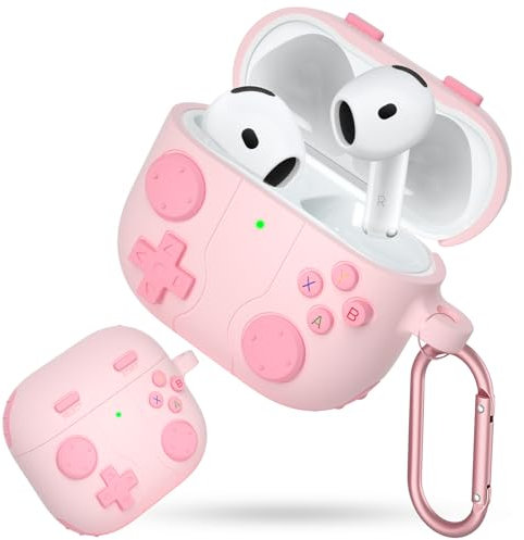 Olycism for AirPods 4 Case 2024 Silicone Protective Cover for Apple Airpods 4th Generation Shockproof Support Wireless Charging Soft Case Classic Retro Handheld Game Console Design Case Pink