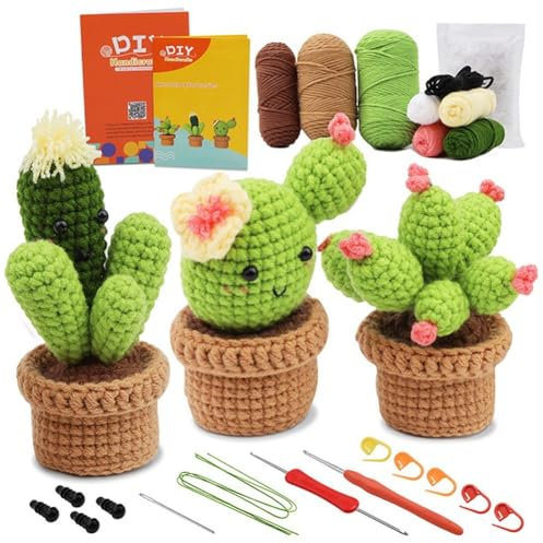 Vobumix Pflanzen-häkelset, Häkel-Kaktus-Set, Anfänger-häkelset, Stricken, Basteln, DIY-zubehör Für Häkelhandwerk, Geschenk, Heimdekoration
