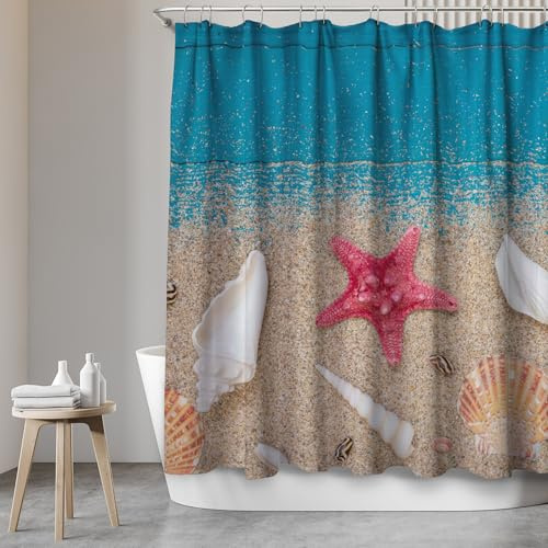 SANFINO Duschvorhang 180x200 inkl. 12 Ringe - Wasserdichter Duschvorhang mit Motiv für Badewanne und Dusche, Anti-Schimmel Duschvorhang Textil, Antibakteriell & Öko-Tex Zertifiziert - Red Star
