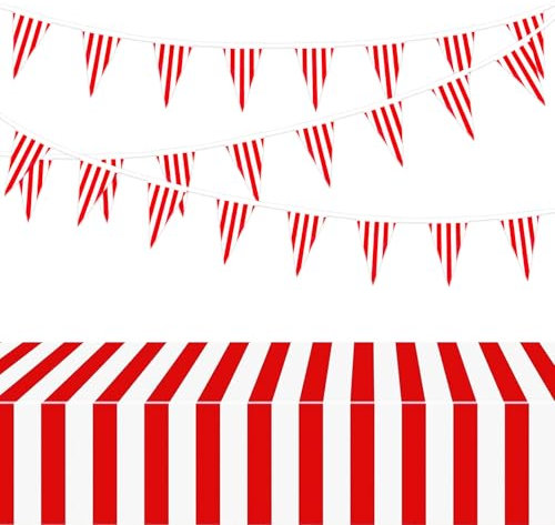 BOOMTOP Tischdecke Karneval Rot Weiß Gestreift Wimpelkette Kunststoff Tischdecken Streifen Banner Girlande Zirkus Tischdeko Fasching Party Dekoration für Kindergeburtstag Mottoparty 270 x 140 cm