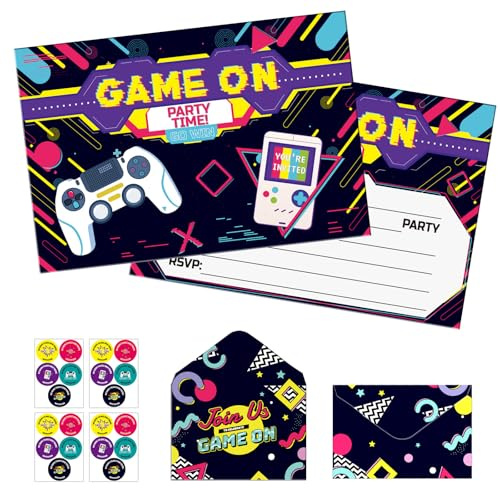 20 Pack Video Gaming Party Invitation Card, Kids Party Invitations with Envelops Stickers for Boys and Girls, Birthday Cards for Gaming Themed Birthday Graduation Personalized