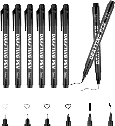 Maxmoc Fineliner Schwarz, Fineliner Stifte Set, 6 Stück Tuschestifte, Wasserfest Kaligraphiestifte Set Anfänger, für Skizzieren Comic Anime Malen Illustration