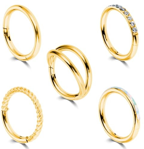 Lusofie 5Pcs 18G Hinged Nose Rings Gold Nose Rings Hoops Septum Ring Clicker CZ Tragus Cartilage Double Nose Ring Nose Body Piercing Jewelry for Women Men(8MM)