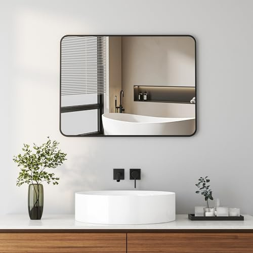 Hopibath Wandspiegel Schwarz, 50x70cm Spiegel, rechteckiger Spiegel mit Schwarzer Metallrahmen Badspiegel für Badezimmer, Waschtisch, Wohnzimmer, Schlafzimmer, Eingang Wanddekoration