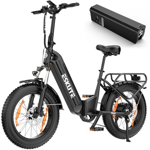 ESKUTE E Bike Star, Klapprad Elektrofahrrad mit 20 Zoll Fat Tire, 36V 25Ah Batterie, Aluminium-Leichtbau, Reichweite bis zu 120 km, 7 Gang Getriebe Ebike (Schwarz, 2 Batterien)