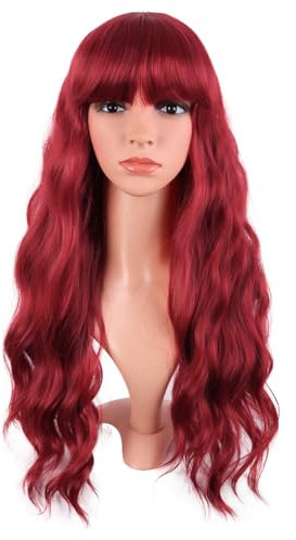MapofBeauty 26 Zoll/65 cm Länge Wavy Mit Pony Synthetische Faser Lockige Perücke für Partys Cosplay Perücke (Dunkel rot)