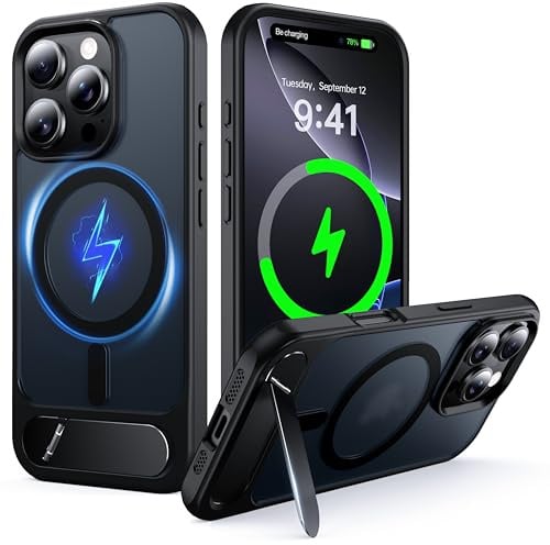 NJROW Magnetic Stand for iPhone 16 Pro Max Case Compatible with MagSafe | [Stand & Wireless Charging 2in1] [Flush Hidden Kickstand] [Military Shockproof] Slim Translucent Matte,Black