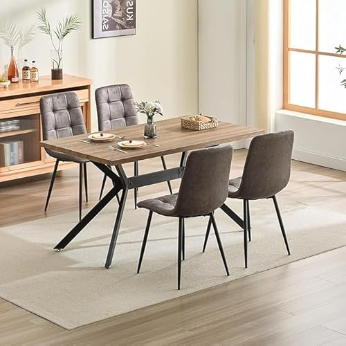 ANVOFONG Esstischset Esstisch mit 4 braunen Esszimmerstühlen, 140 x 80 x 76 cm Dunkelbraun Rechteckiger Esstisch aus Holz mit technischen Stoffstühlen für Küche, Esszimmer und Wohnzimmer.