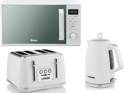 Swan Elegance White 1.7L 3KW Kettle, 4 Slice Toaster and 800W 20L Digital Microwave SM4421WHT. Contemporary Matching Kitchen Set with a Sleek White Finish