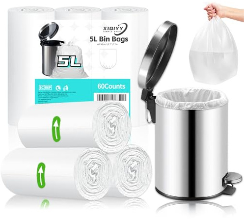 XIQIYY 5L Bin Liners – Small Bin Bags, Mini White Food Waste Bags, Strong & Leakproof Pedal Bin Liners for Bathroom, Kitchen & Bedroom (Size 5-10 Litre, 60 Counts)