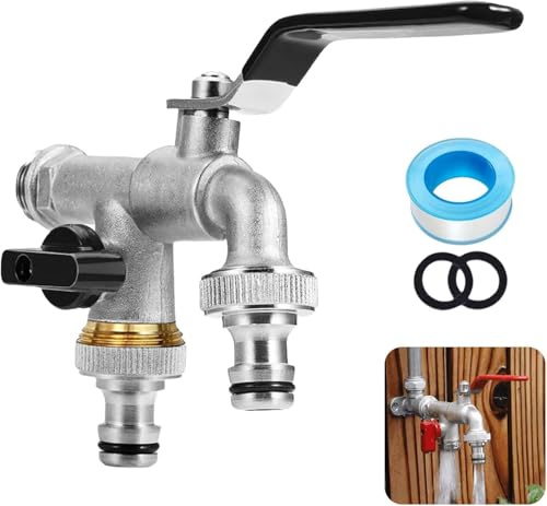 Wasserhahn Garten 1/2 Zoll, Doppel Auslaufhahn 1/2 Zoll & 3/4 Zoll, Außenwasserhahn, Für Garten,Waschmaschine, Doppelanschluss Und Schlauchtülle (Black)