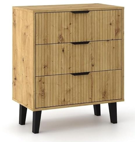 CDF Kommode mit 3 Schubladen für Wohnzimmer Schlafzimmer Flur – Modernes Design mit gerillten Fronten – Viel Stauraum – Sideboard mit Schubladen – Eiche Artisan Scandi 3S Slim