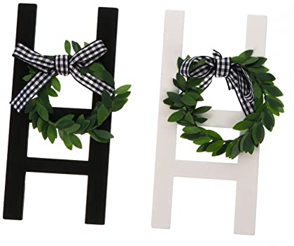 VICASKY 2pcs Rustic Farmhouse Ladder Decor Wooden Wall Sign Vintage Wreath Adornment Set for Home Wall Decoration