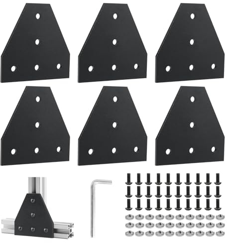 EXLECO 6er Eckhalterung Verbindungsplatte Aluprofil 30x30 T für 7mm Schlitz | Eckhalterungsplatte Eckwinkelplatte T Profil Aluminium mit Muttern Schrauben Sechskantschlüssel, Schwarz