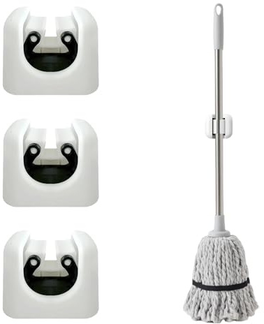 Caldamn 3Pcs Mop Broom Holder Wall Mounted Self Adhesive Mop Holder Wall Mounted White Mop Clip Broom Storage Tool Hook Brush Mop Holder Organizer for Bathroom Kitchen Garden Office Garage