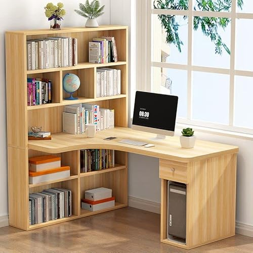 Computer Desk with Drawers and Bookshelf, Rustic Wood Corner Writing Table Student Laptop Home Office for Study,Walnut Color 55 L x 31 W 29 H