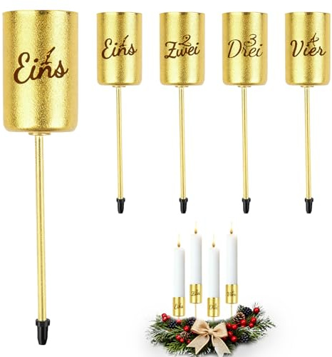 Joxessaien Kerzenhalter Adventskranz Gold 4er Set – Metall Stabkerzenhalter mit Gravur 1–4, Höhe 11 cm, Ø 2,5 cm, Kerzenständer zum Stecken für Advent und Weihnachten