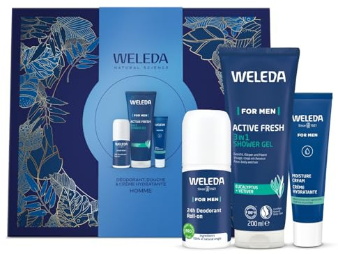 WELEDA - COFFRET NOEL HOMME 2025 | Routine Homme avec crème hydratante, déodorant 24 h et gel douche 3 en 1 pour une peau fraîche et confortable au quotidien.