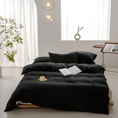 VENIES Baumwolle Bettwäsche 150 x 200 cm Einfarbig Einzelbettbezug | 100% Baumwolle Bettbezug aus Atmungsaktive Bettwäsche Schwarz