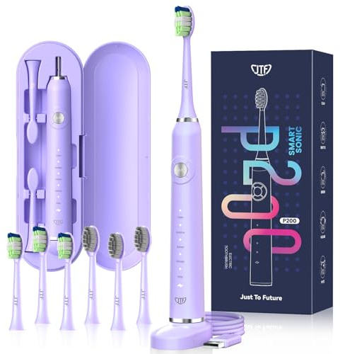 JTF Sonic Electric Toothbrush with 6 Brush Heads (2 Types) for Adults and Kids, Deep Clean Rechargeable Toothbrush, 5 Modes, 60 Day Battery & Timer, IPX7 Waterproof, Travel Case, Charging Base, purple