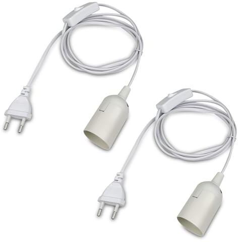 Eckerdromk 2 Pezzi Portalampada E27, Porta Lampadina con Interruttore, Portalampada con Presa Elettrica e Cavo 2m, E27 Adattatore per Lampada da Cucina, Garage, Parete, Tavolo Fai da Te, Bianco