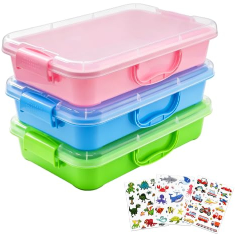 WEXFFU 3 Pcs Sensory Bin Play Tray with Lids & Stickers, Portable Sand Tray | Stackable Storage, Snap-on Lids, Kid-Safe Rounded Edges, Portable Handles for Toy Bricks, Stationery, DIY Craft Supplies,Sand