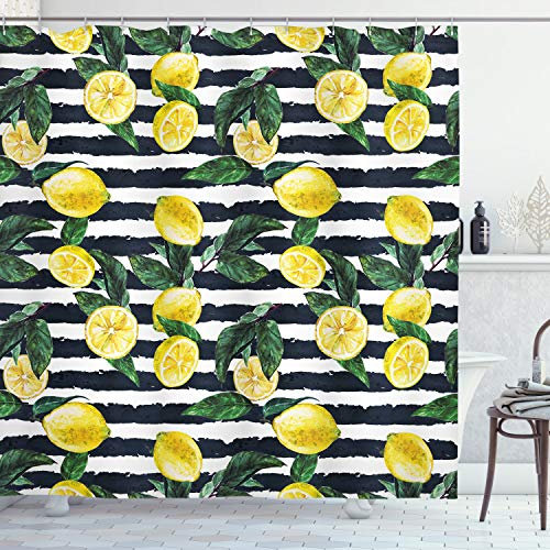 ABAKUHAUS Modern Duschvorhang, Frische Zitronen gestreift, mit 12 Ringe Set Stielvoll Modern, 175x200 cm, Jägergrün Indigo