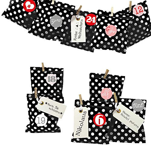 Frau WUNDERVoll® DIY Adventskalender zum Befüllen Bescherung: Set Punkt 163, Papiertueten flach 13x16,5cm, schwarz Punkt, Ziffern rosa-rot