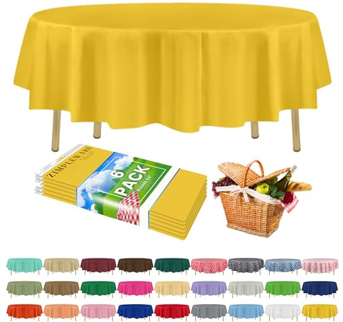 ZIMPLEWARE Premium Yellow Plastic Table Cloth Disposable (6 Pack) Round Tablecloth (84in) Party Table Cloths Disposable, Perfect Table Cloth Round Cover for Any Table Up to 6 Feet
