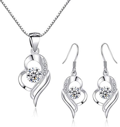 Kamise Schmuck Set Silber, 925 Sterling Silber Herz Silberkette & Hängend Ohrringe Set mit Zirkonia, 45cm Herz Halskette und Ohrhänger für Damen, Romantic Schmuckset mit Geschenkbox (Weiß)