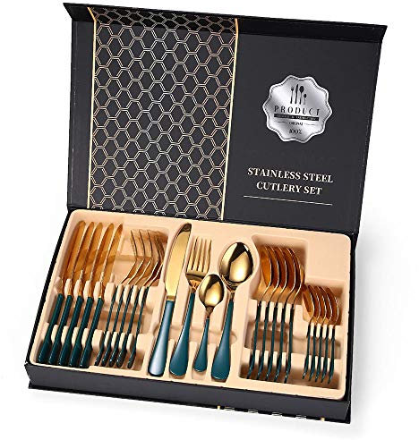 24-Piece Cutlery Set with Premium Gift Box, 410 Stainless Steel Cutlery Set for 6 People, Highly Polished, Dishwasher Safe-Green Gold