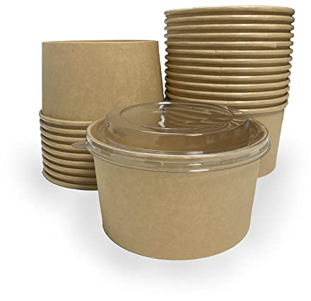 Lot de 100 Bols/saladiers alimentaires en carton kraft biodégradables avec couvercles- vaisselle jetable recyclable pour restauration, vente à emporter, livraison, déjeuner, repas (100, 750ml)