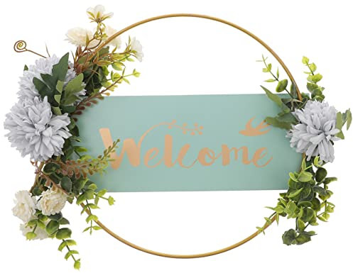 Cabilock Metall Willkommensschild Eukalyptus Kranz Girlande Künstliche Blumen Türkranz Floral Wandkranz Metallkranz Metallringe Hochzeit Türschild für Landhaus Haustür Deko Wohnzimmer Wanddeko (Grün)