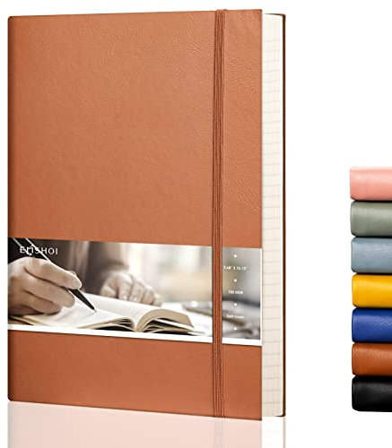 EMSHOI B5 Notizbuch liniert, 19 x 25 cm, großes Leder-Tagebuch mit Haftnotizen, 204 nummerierte Seiten, 100 g/m² liniertes Papier, Rücktasche, Softcover, Braun