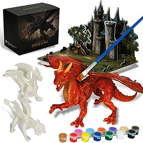 whatstem Kids Arts Crafts Set - Dragon Toys Painting Kit with 3 Dragons Figurines and 3D Jigsaw Puzzle Castle, Best Tween Paint Gift to Create Own Powerful Dragon
