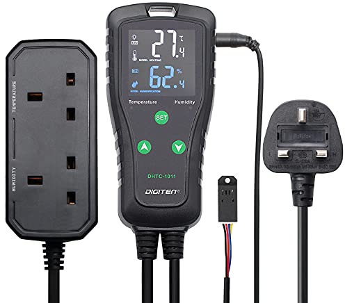 Temperature and Humidity Controller Outlet Plug-in Thermostat Humidistat Reptile Humidity Controller Greenhouse Thermostat Dual Stage Pre-Wired Electronic Temperature and Humidity Controller